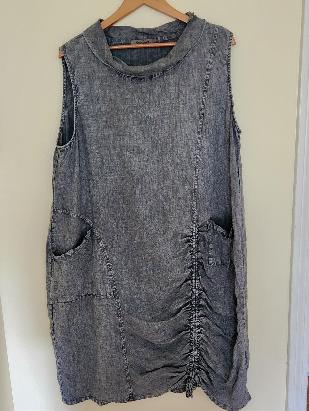 Beau Jours Boho 100% Linen Shift Mineral Wash Oversized Lagenlook Ruched Dress L